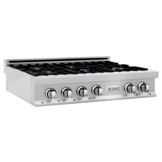 ZLINE 36" Porcelain Rangetop, DuraSnow®, 6 Brass Burners, RTS-BR-36