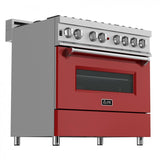 ZLINE 36" Professional Dual Fuel Range, Snow Stainless, Red Matte Door, RAS-RM-36