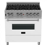 ZLINE 36" Professional Dual Fuel Range, Snow Stainless, White Matte Door, RAS-WM-36
