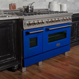 ZLINE 48" Dual Fuel Range Snow Stainless, Blue Matte Door, RAS-BM-48