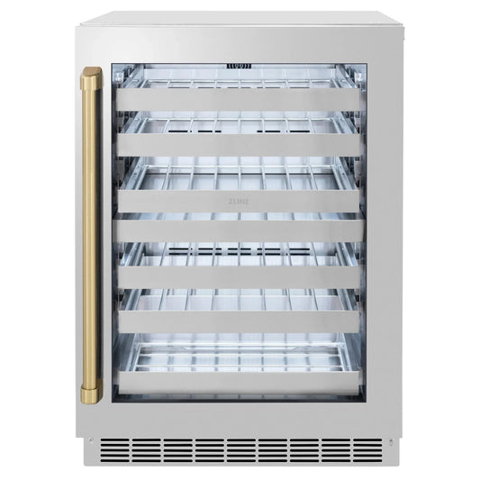 ZLINE Autograph 24 in. Dual Zone 44 Bottle Wine Cooler With Stainless Steel Glass Door And Champagne Bronze Handle RWDOZ-GS-24-CB