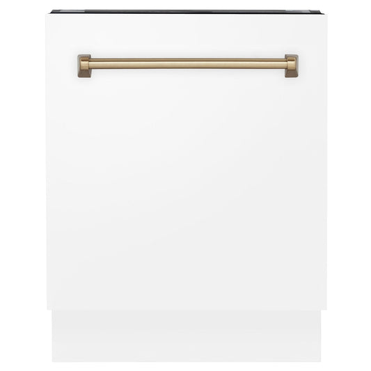 ZLINE Autograph 24" White Door Dishwasher, Bronze Handle DWVZ-WM-24-CB