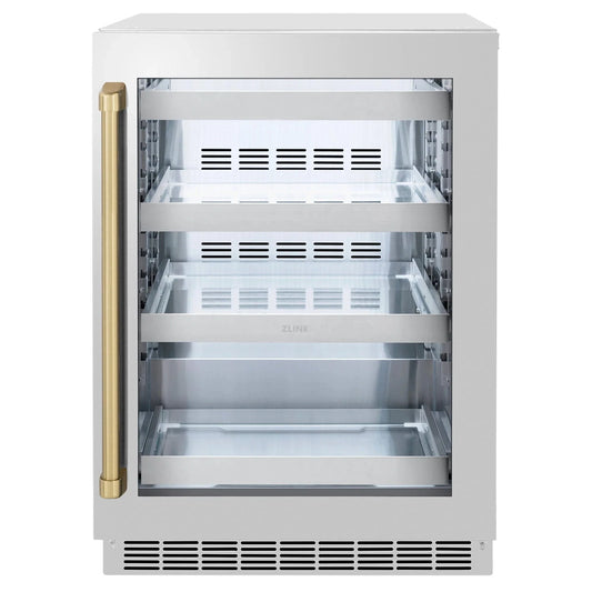 ZLINE Autograph Edition 24 in. Touchstone 151 Can Beverage Fridge With Stainless Steel Glass Door And Champagne Bronze Handle RBSOZ-GS-24-CB