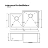 ZLINE Jackson 32" Undermount Double Bowl Sink In Stainless Steel, SRDL-32
