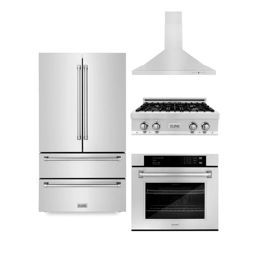 ZLINE Kitchen Package Refrigerator, Rangetop, Rangehood, Wall Oven, 4KPR-RTRH30-AWS
