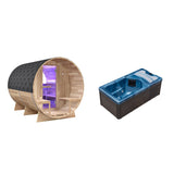 4-6 Person Electric Rock Heater Outdoor Barrel Panoramic Cedar Sauna with 1-Person Blue Cold Plunge & Built-in Chiller