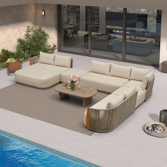 PURPLE LEAF Hailar L-Shaped Patio Conversation Set with Genuine Teak Cushions and Pillows Olefin Rope Backres Outdoor Couch Sets for Backyard Porch