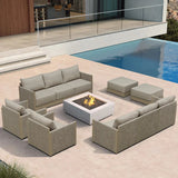 PURPLE LEAF Sanori Beige Symmetrical Outdoor Sectional Modular Design with Cushions and Ottoman for Porch