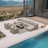 PURPLE LEAF Sanori Beige Symmetrical Outdoor Sectional Modular Design with Cushions and Ottoman for Porch