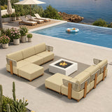PURPLE LEAF Breck L-Shaped Modular Outdoor Sectional with Wood-Grain Aluminum Frame and Thick Teak-Colored Cushions for Luxury Backyard Lounge