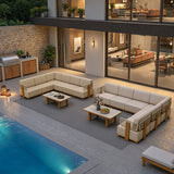 PURPLE LEAF Breck L-Shaped with table Modular Outdoor Sectional with Wood-Grain Aluminum Frame and Thick Teak-Colored Cushions for Luxury Backyard Lounge