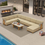 PURPLE LEAF Breck U-Shaped with table Modular Outdoor Sectional with Wood-Grain Aluminum Frame and Thick Teak-Colored Cushions for Family Entertaining