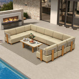 PURPLE LEAF Breck U-Shaped with table Modular Outdoor Sectional with Wood-Grain Aluminum Frame and Thick Teak-Colored Cushions for Family Entertaining
