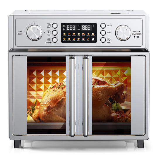 PlumChef 29.5QT Large Capacity Air Fryer Toaster Oven, 14 Preset Menus, 7-in-1 Countertop Convection Oven with French Doors, 1700W, Stainless Steel