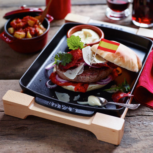 Staub Cast Iron 13 x 9-inch Rectangular Serving Dish with Wood Base - Matte Black