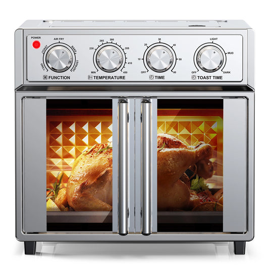 PlumChef 29.5QT Large Capacity French Door Air Fryer Toaster Oven, 7-in-1 Countertop Convection Oven with 7 Preset Menus, 1700W, Stainless Steel