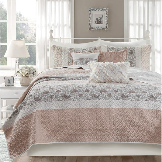 6 Piece Cotton Percale Quilt Set with Throw Pillows, Blush