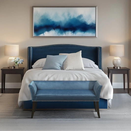 Flared Low Arm Low Back Accent Bench, Leather Blue