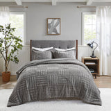 3-Piece Faux Faur Checkbord Comforter Set, Grey