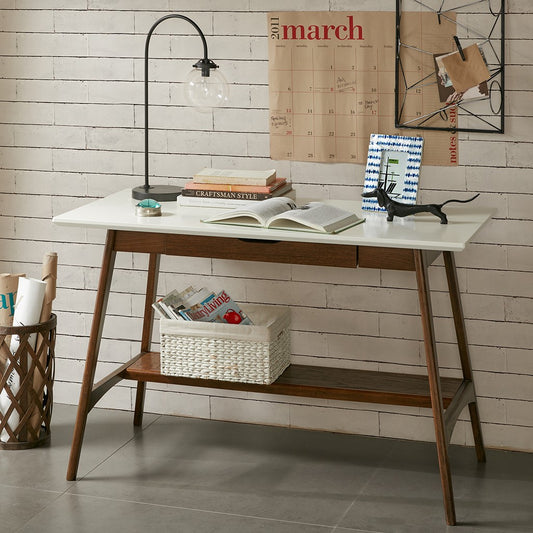 Wooden Office Writing Desk with Bottom Shelf, Pecan *