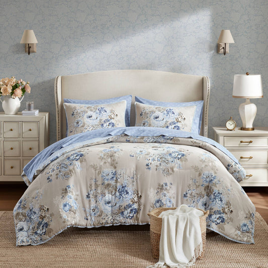 Vintage-Floral Inspired Comforter Set, Beige/Blue