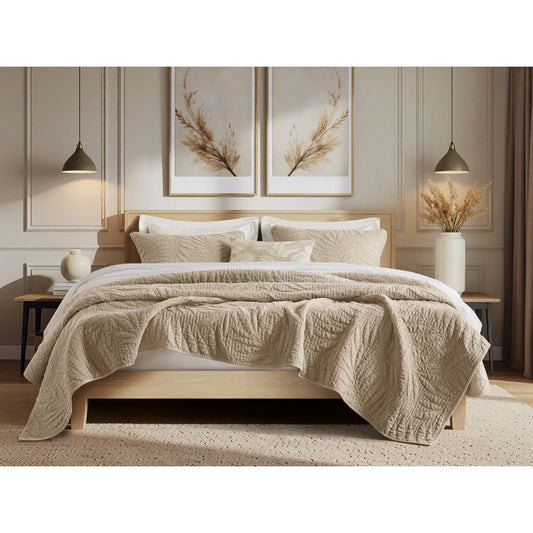 Stone-Washed Botanical Percale Quilt Set, Linen