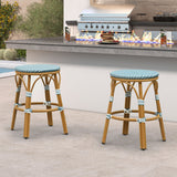 PURPLE LEAF Patio French Round Counter Stool Set of 2 Rattan Backless Stackable Barstools Aluminum Frame Footrest with Woven Wicker for Outdoor Kitchen Yard