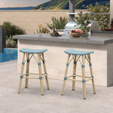 PURPLE LEAF Outdoor Bar Stools Set of 2 Backless Rattan Barstools with Saddle Seat and Footrest All Weather Aluminum Bar Chairs for Patio Kitchen Island Pool Balcony
