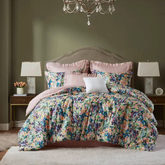 8 Piece Abstract Floral Reversible Comforter Set, Multicolor