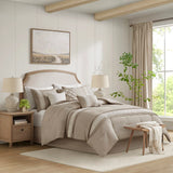 7 Piece Lace Trim Pintucked Farmhouse Comforter Set, Taupe