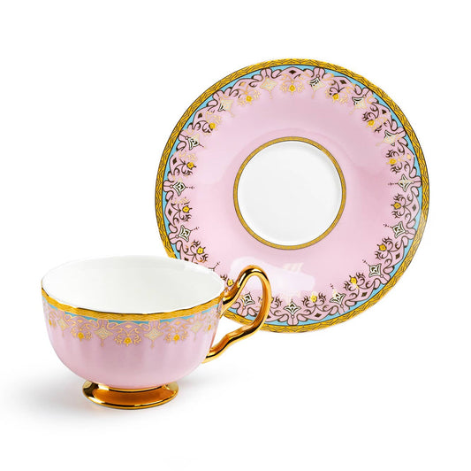 Pink Floral Toile Porcelain Tea Cup & Saucer 6oz