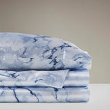 Wrinkle Free Marble Printed Satin Sheet Set, Blue
