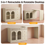 Rotatable L-Shaped Vanity Desk with Led Light, Double Arched