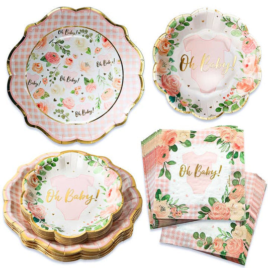 Pink Floral Baby Shower Onesie Tableware Set