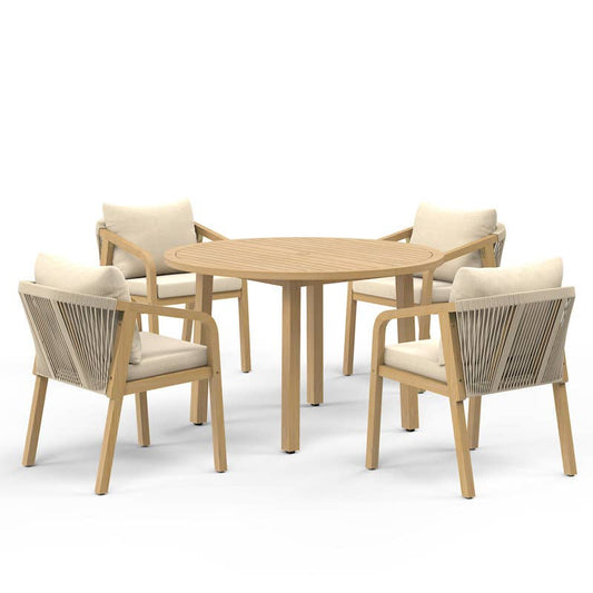 4-Person All Weather Acacia Wood Outdoor Dining Set with Water-Resistant Cushions and Umbrella Hole