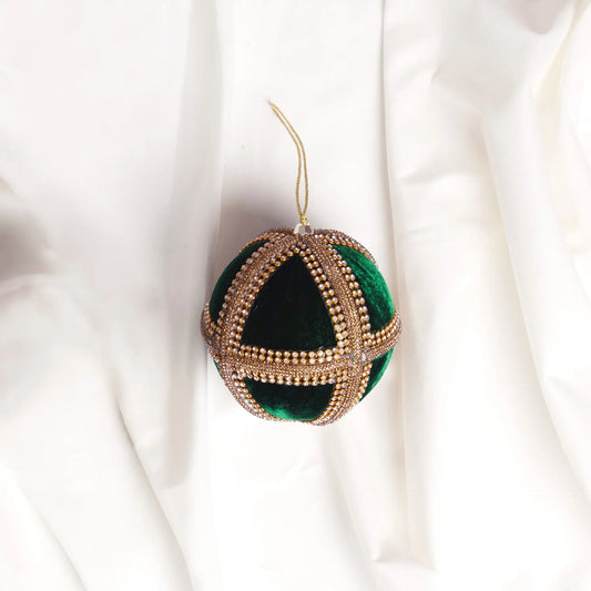 4" Green Gold Beaded Ball Ornament Set Of 6