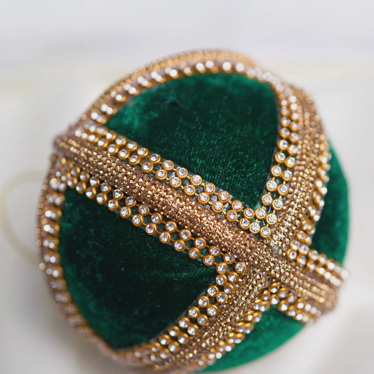 4" Green Gold Beaded Ball Ornament Set Of 6