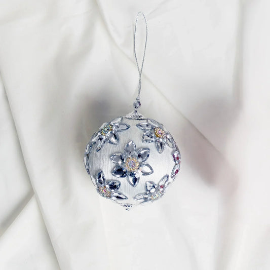 4" White Jeweled Floral Ball Ornament Set Of 6