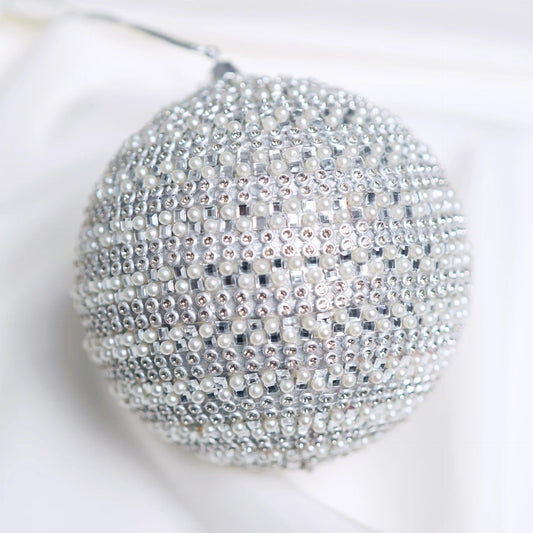 4" Ivory Snowy Pearl Ball Ornament Set Of 6