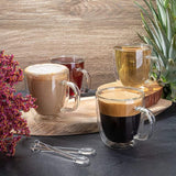 4 Double Wall Glass Coffee Mugs with 2 Spoons