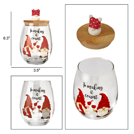 Christmas Gnome Wine & Water Glasses With Dwarf Wood Cover - Set of 2-17.5oz