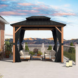 PURPLE LEAF Metal Gazebo Double Roof Wood Grain Aluminum Frame with Curtains and Netting with Lights-clear