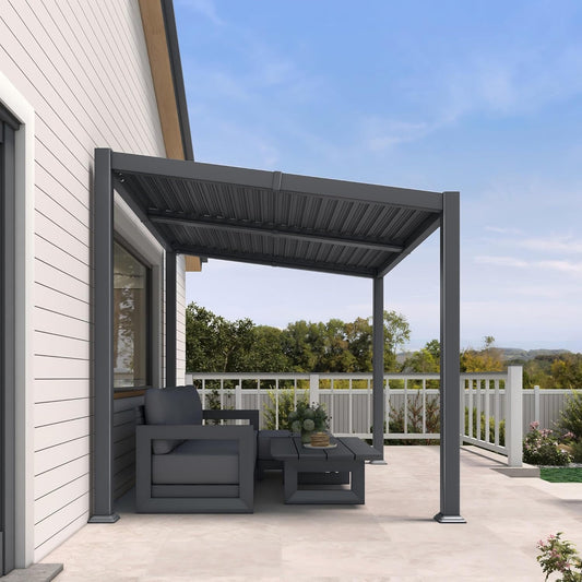 PURPLE LEAF Caesar Hardtop Louvered Pergola, Slanted Roof Outdoor Aluminum Patio Pergola with Adjustable Rainproof Roof, Heavy-Duty Lean to Gazebo for Patios Backyard Deck, Gray