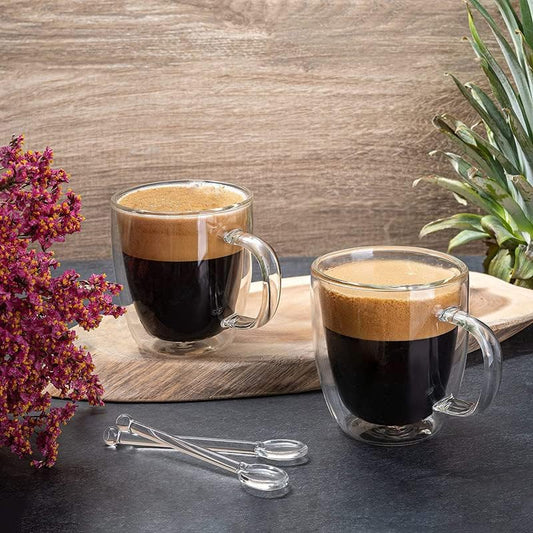 4 Double Wall Glass Coffee Mugs with 2 Spoons