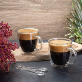 4 Double Wall Glass Coffee Mugs with 2 Spoons