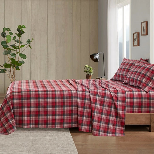 4-Piece Cotton Flannel Sheet Set, Red Plai