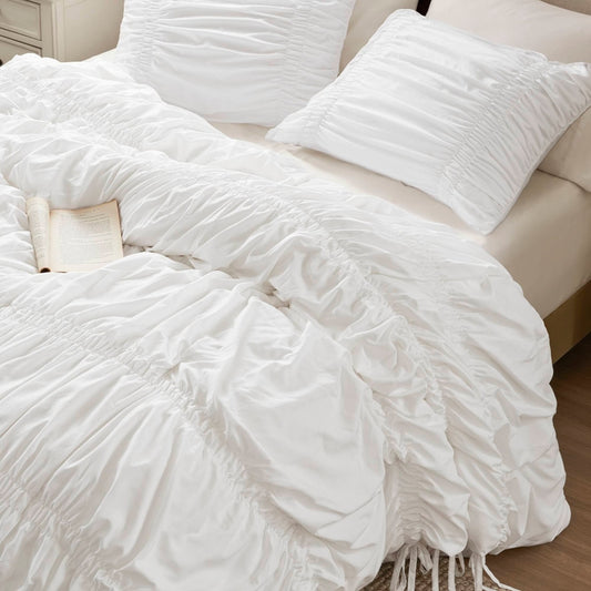 Ruched Design Delicate Bow Ties Comforter Set, White