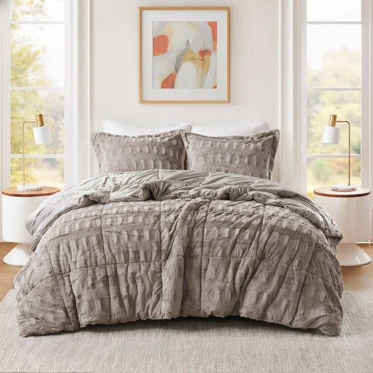 Solid Faux Fur Comforter Mini Set, Gray
