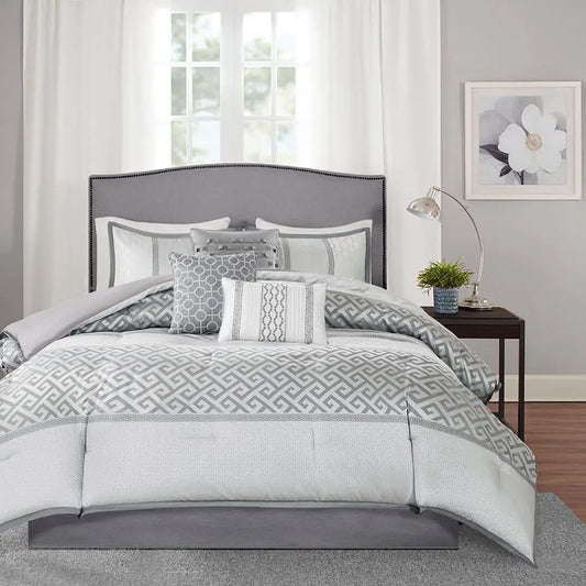 Wholesale Greek Key Traditional 7-Piece Comforter Set, Soft Grey