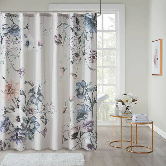 Large Floral Print Shower Curtain, Blue